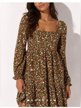 BCBG Olive Floral Square Neck Long Sleeve Mini Dress
